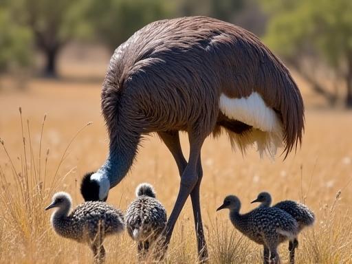 An emu with its chicks foraging in tall grass.