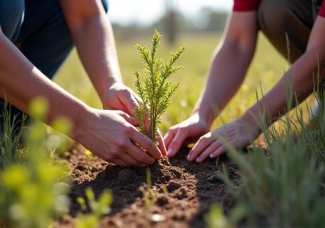 Volunteers planting trees in a natural Australian habitat